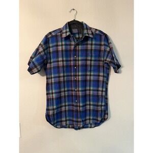 Vintage Pendleton Wool Shirt Blue Purple Green Plaid Men's M Short Sleeve USA
